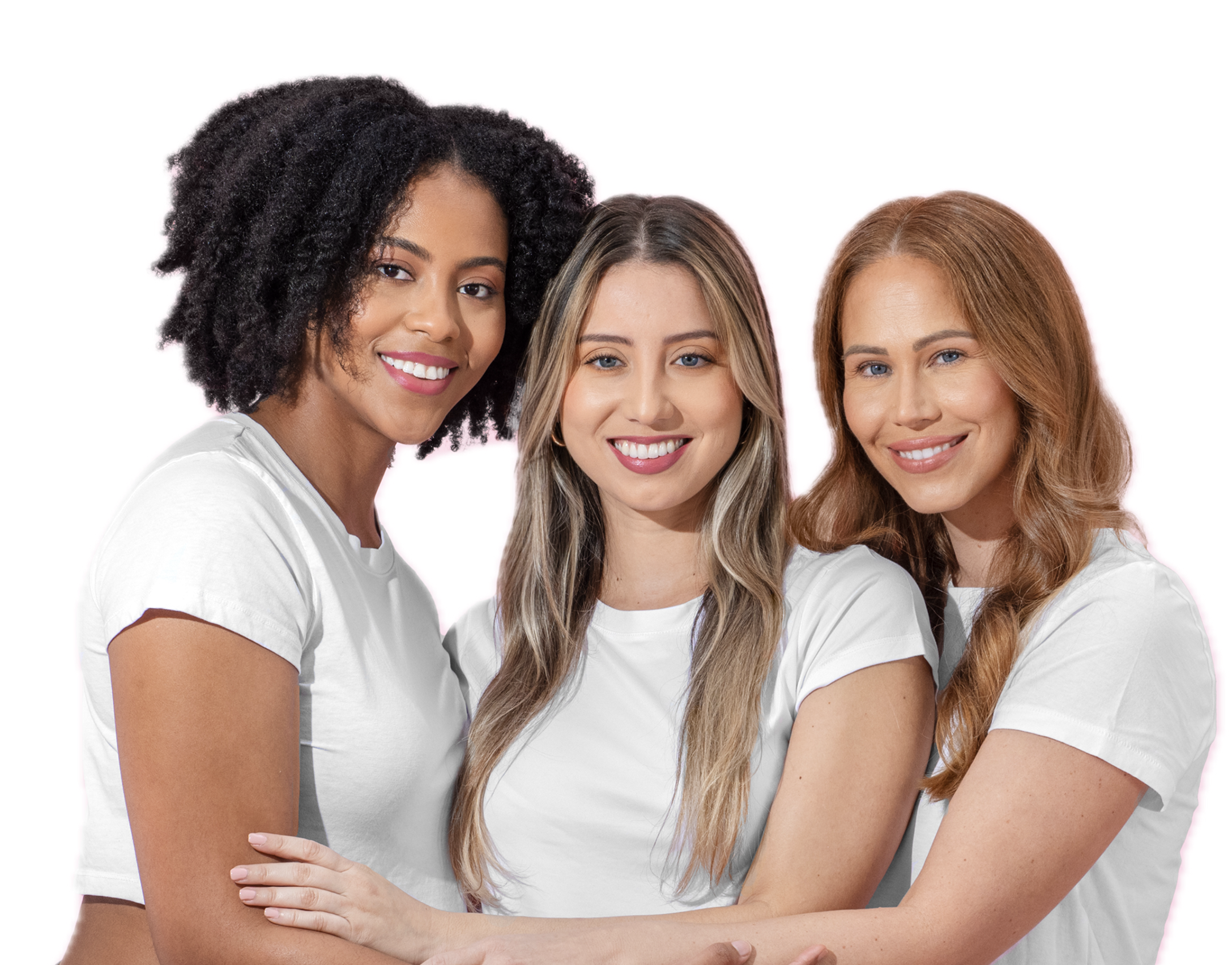 Three women in white T-shirts holding each other in a hug, transparent background